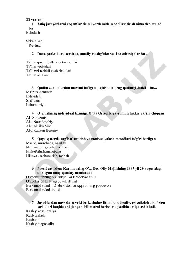 Ta'lim jarayonlari va metodlari test savollari