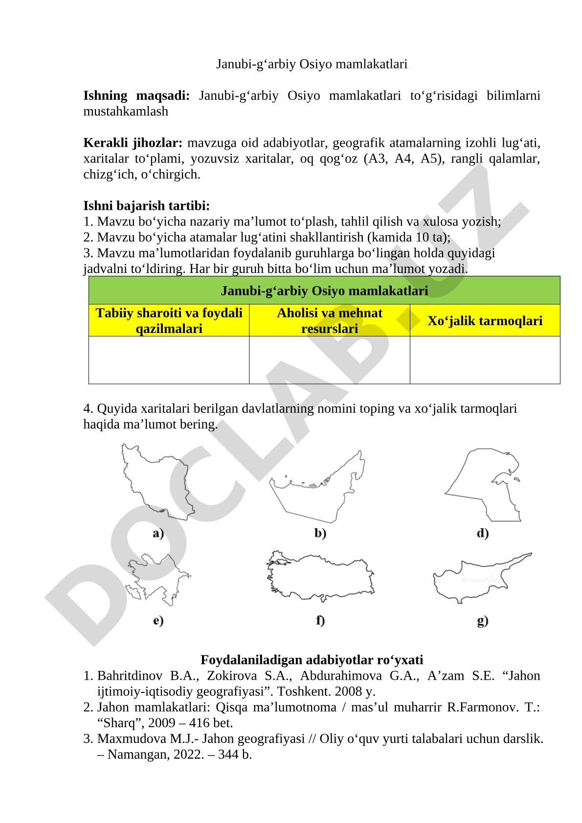 Janubi-g'arbiy Osiyo mamlakatlari amaliy ishi: maqsad, jihozlar, tartib, adabiyotlar