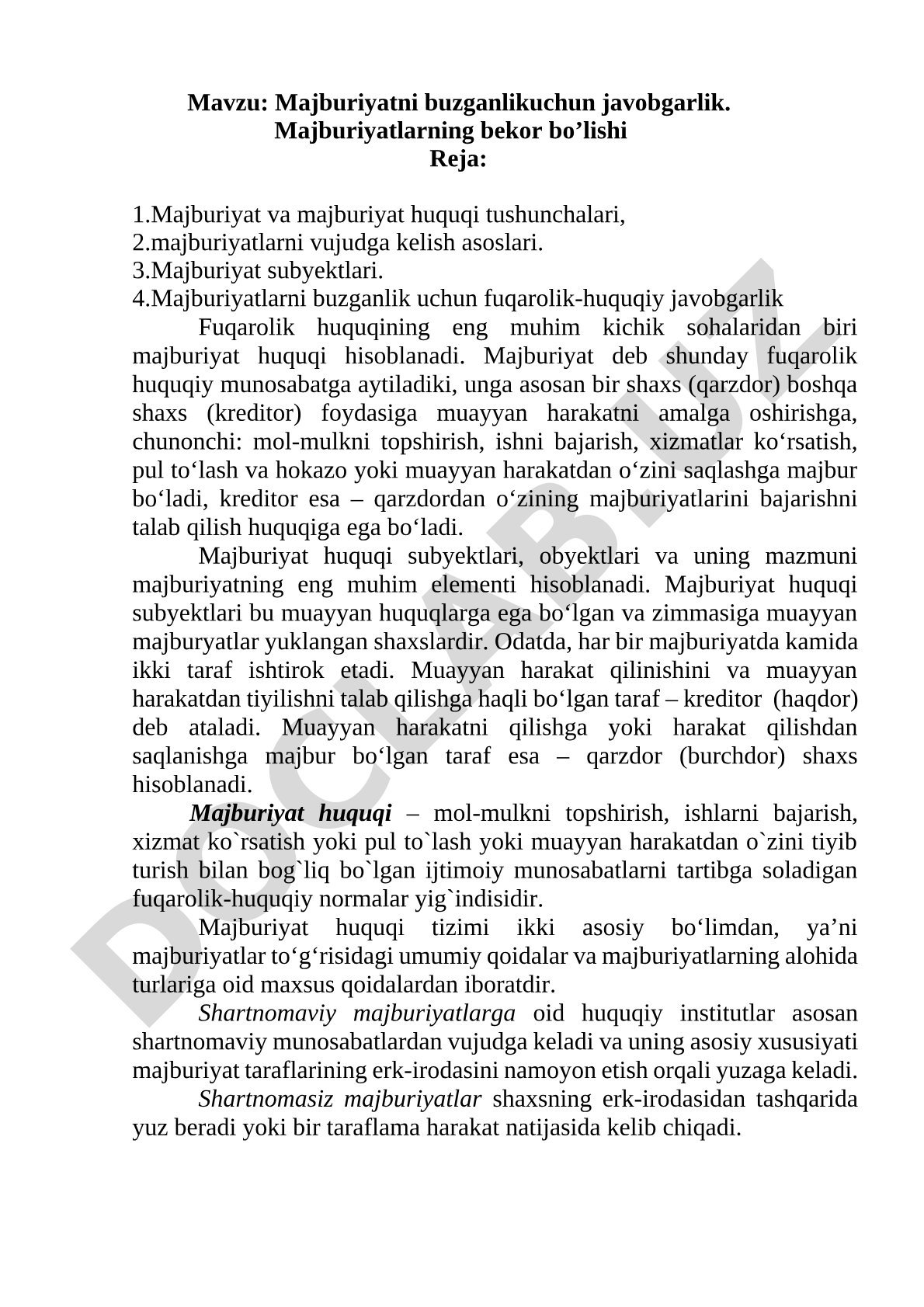 Majburiyatni buzganlikuchun javobgarlik. Majburiyatlarning bekor bo’lishi