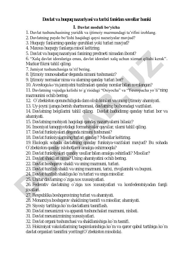 Davlat va huquq nazariyasi va tarixi fanidan savollar banki