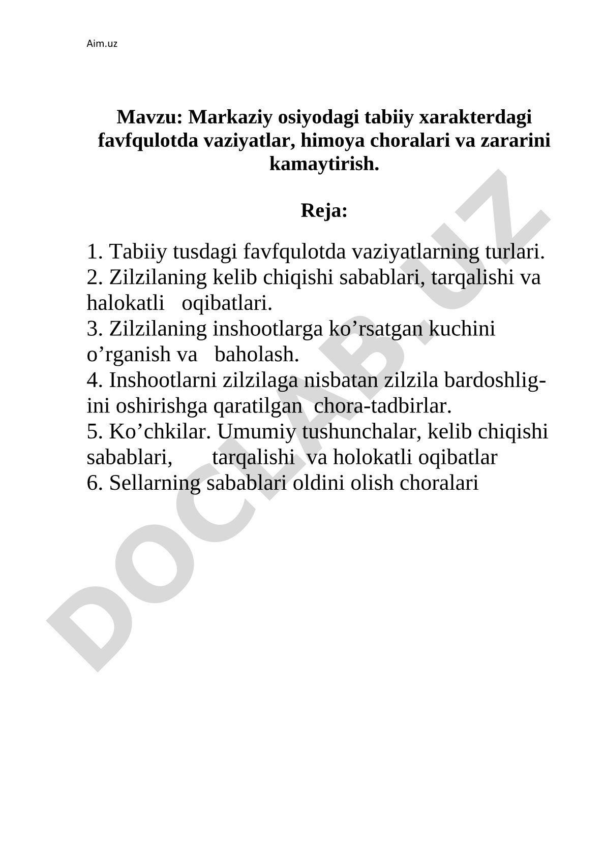 Markaziy osiyodagi tabiiy xarakterdagi favqulotda vaziyatlar, himoya choralari va zararini kamaytirish