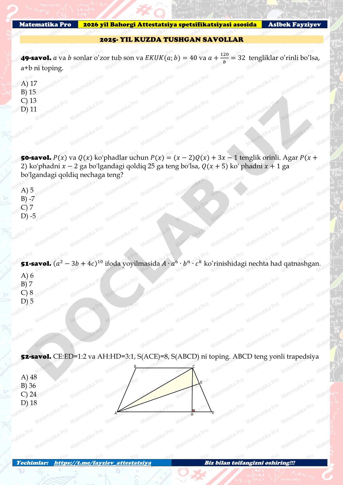 Bahorgi attestatsiya matematika savollari yechimlari