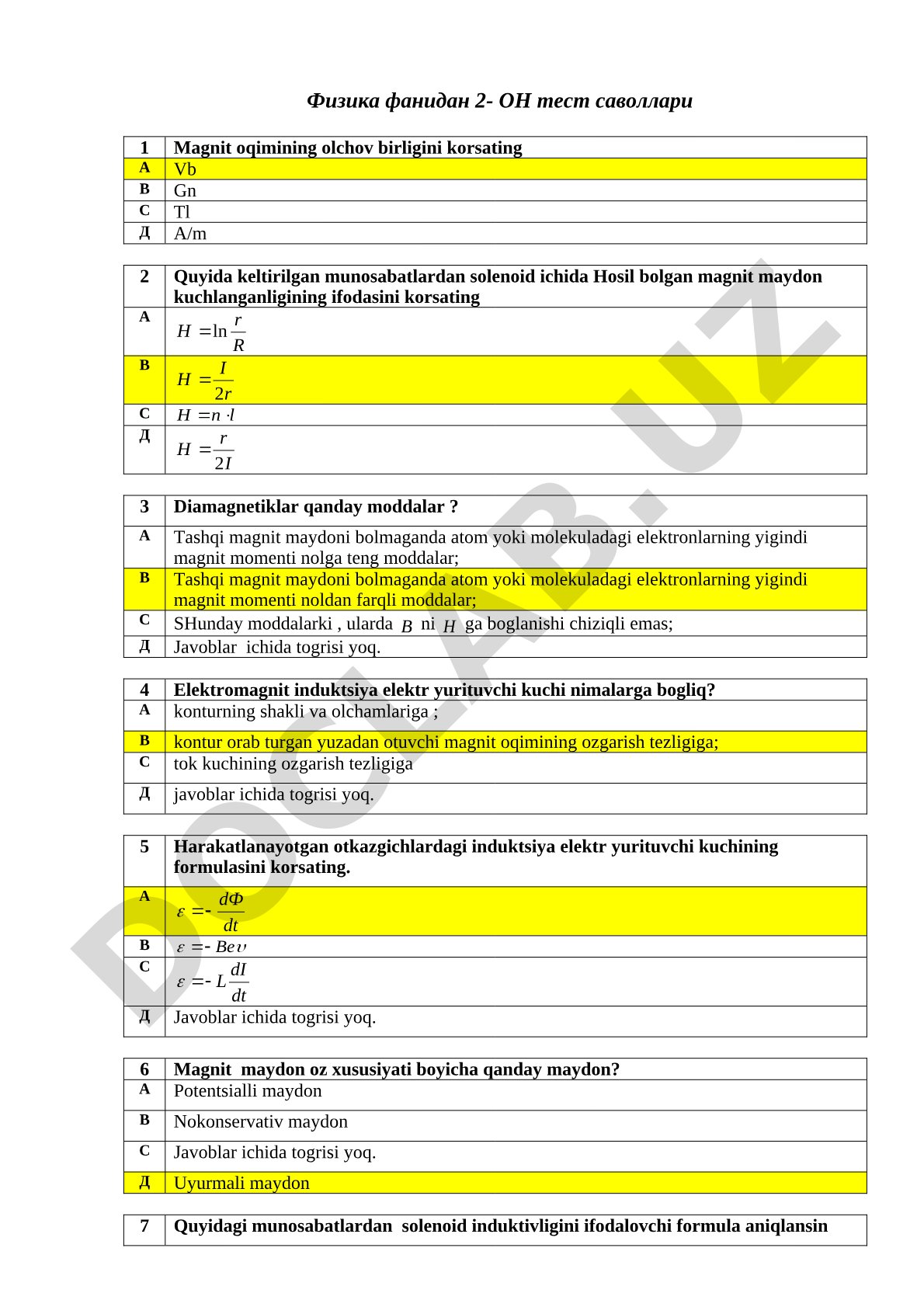 Fizika fanidan 2-ON test savollari