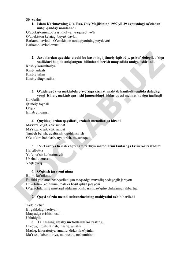 Pedagogika va tarbiya masalalari test savollari