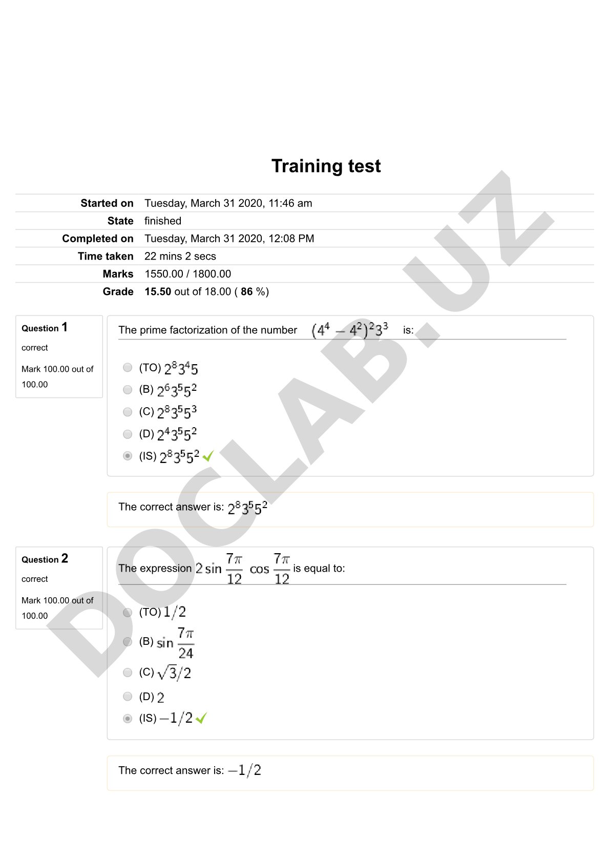 Mathematical and statistical training test