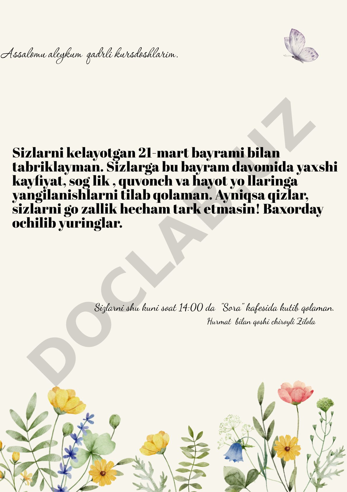21-mart bayrami tabrigi va kafeda uchrashuv taklifi