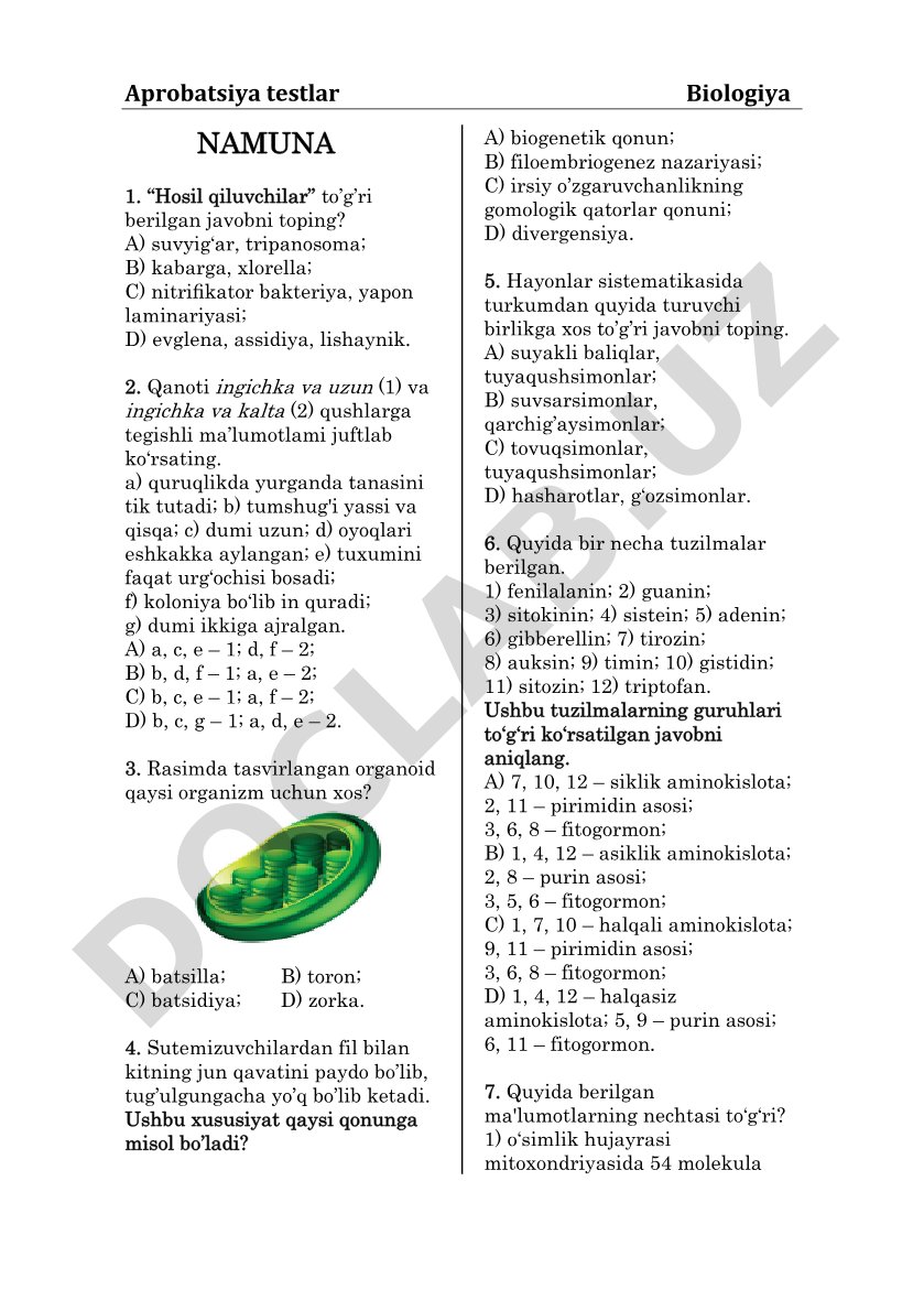 Aprobatsiya testlar Biologiya NAMUNA
