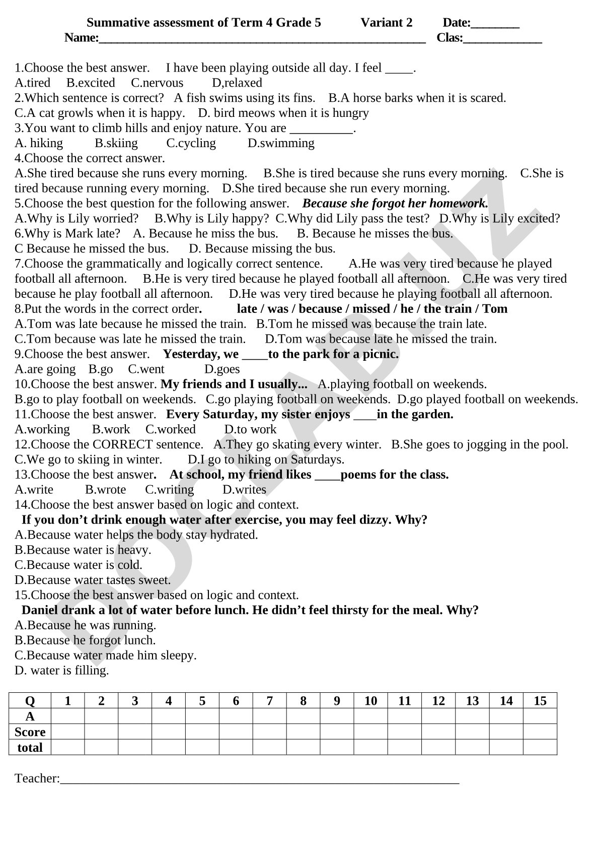 Summative assessment of Term 4 Grade 5 Variant 2