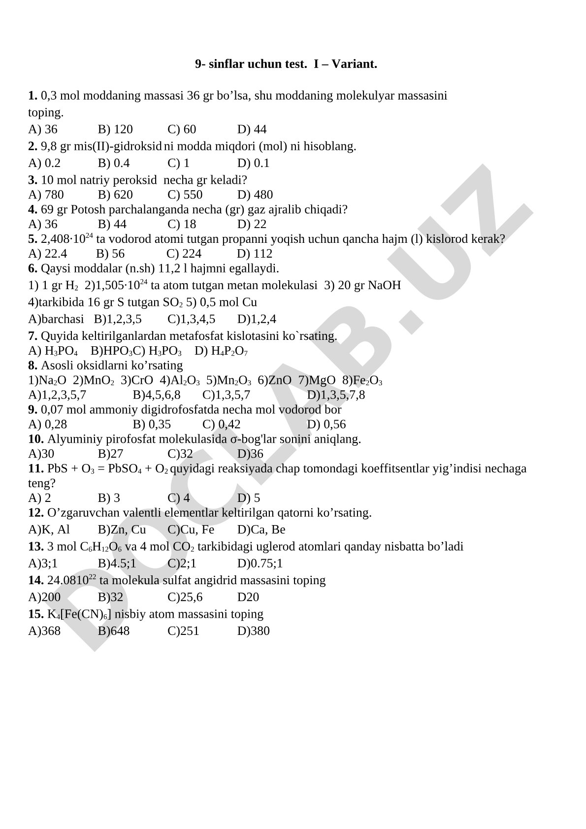 9- sinflar uchun test