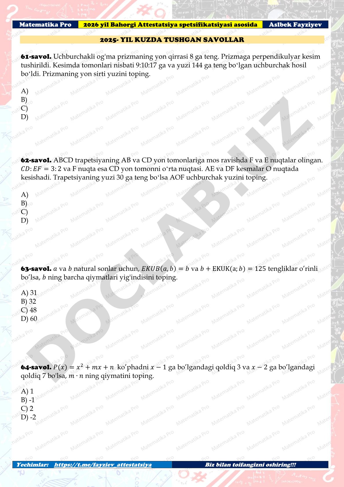 2026 yil bahorgi attestatsiya matematika savollari