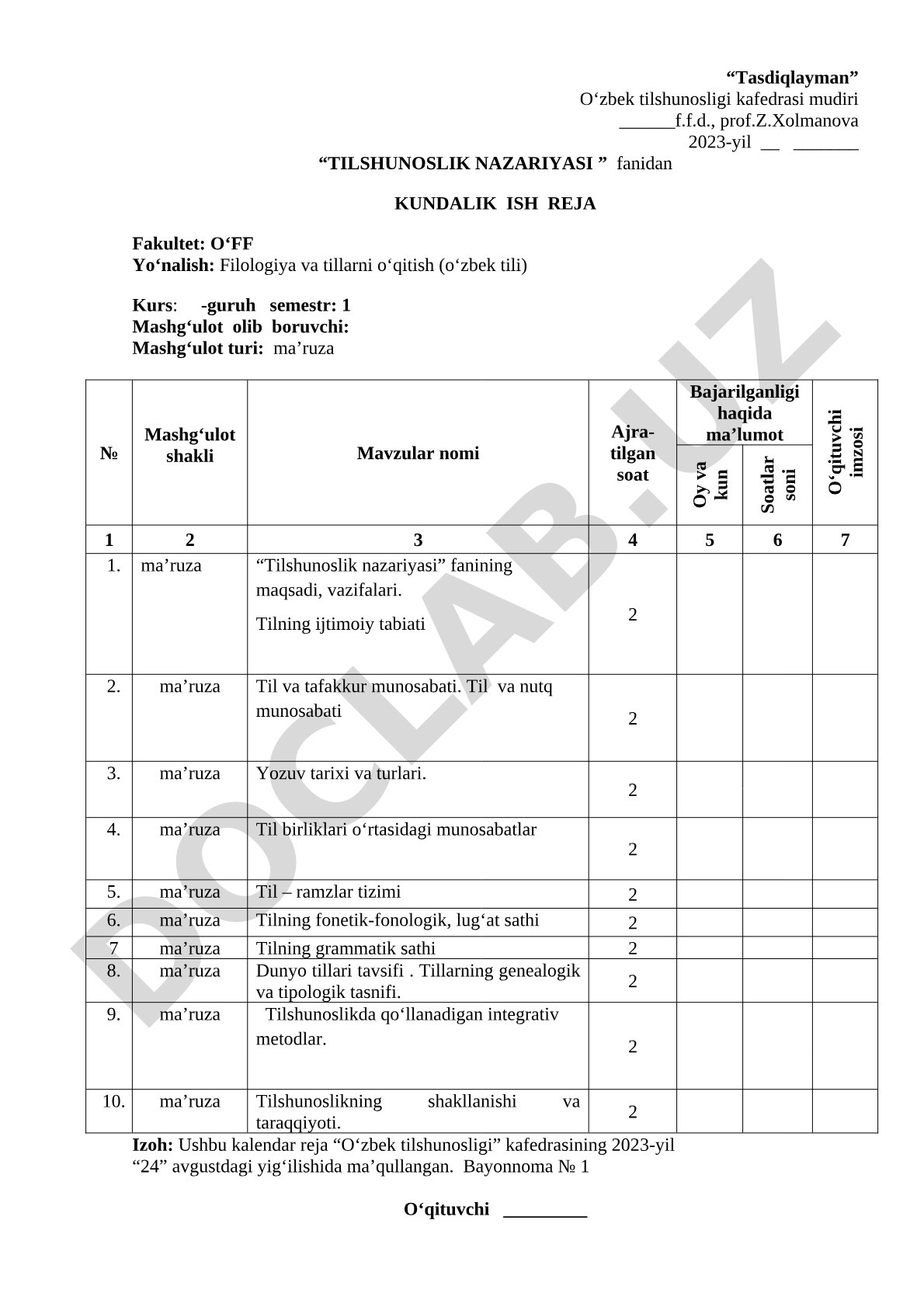 Tilshunoslik nazariyasi fanidan kundalik ish reja