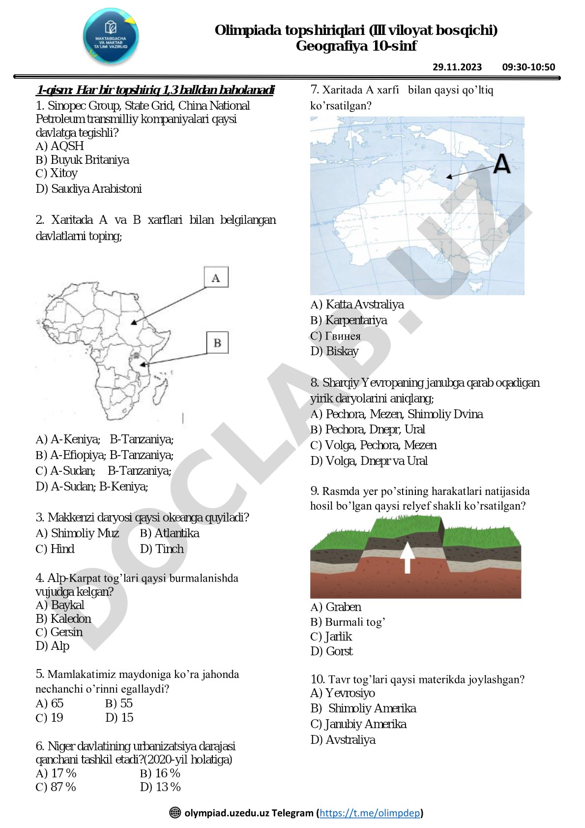 Olimpiada topshiriqlari (III viloyat bosqichi) Geografiya 10-sinf