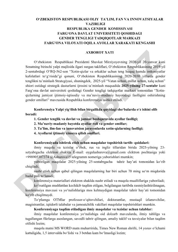 Xotin-qizlarning jamiyat ijtimoiy-iqtisodiy va ma'naviy-madaniy hayotidagi faolligini oshirishning gender omillari