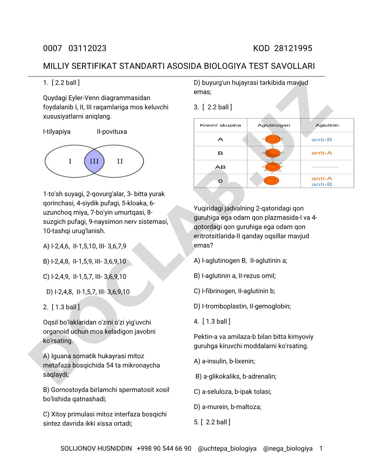 Milliy sertifikat standarti asosida biologiya test savollari