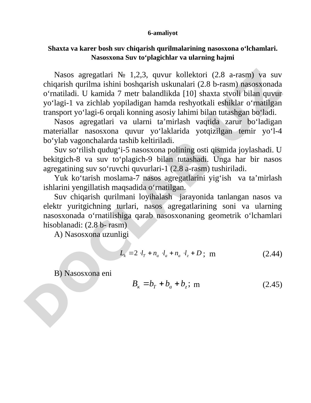 Shaxta va karer bosh suv chiqarish qurilmalarining nasosxona o‘lchamlari