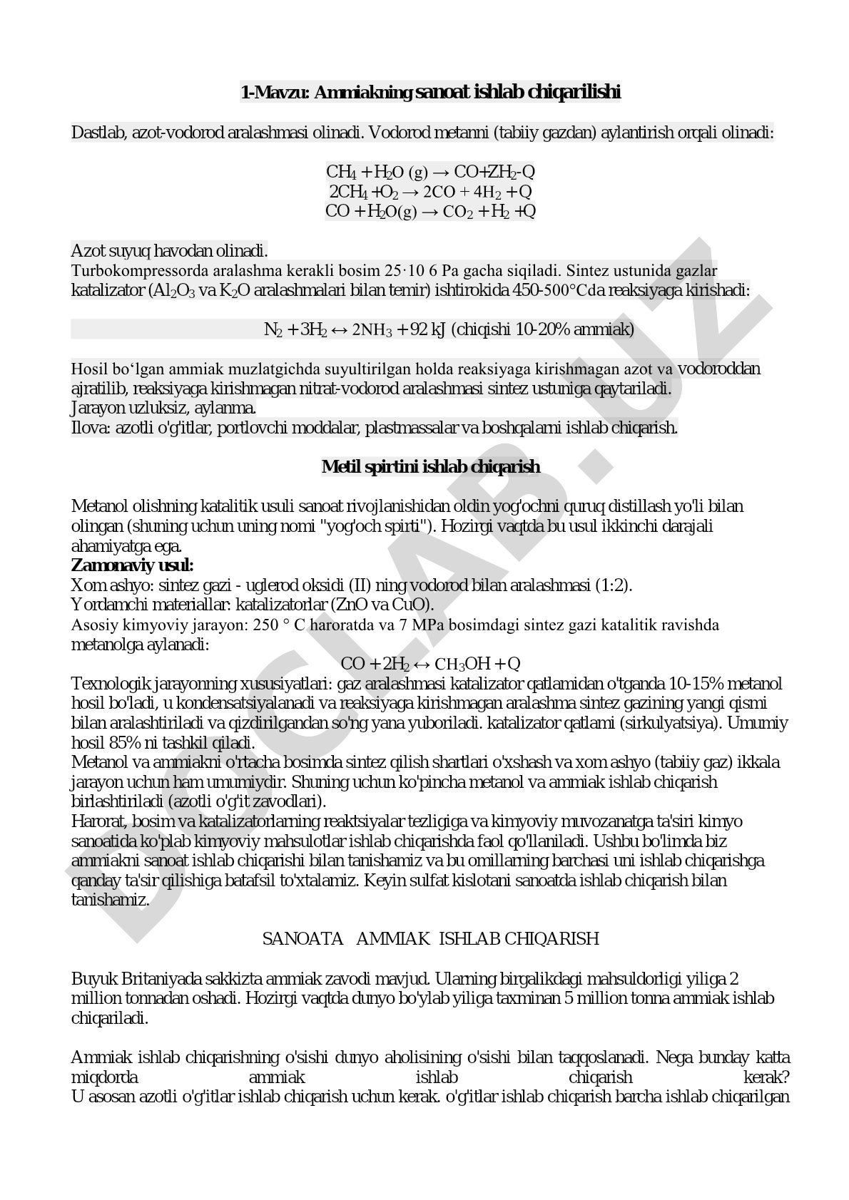 Ammiakning sanoat ishlab chiqarilishi