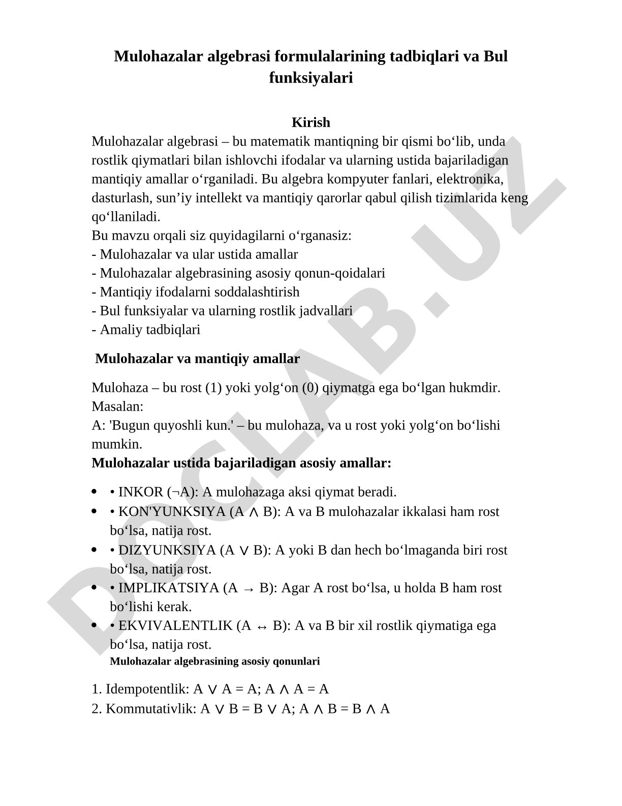 Mulohazalar algebrasi formulalarining tadbiqlari va Bul funksiyalari