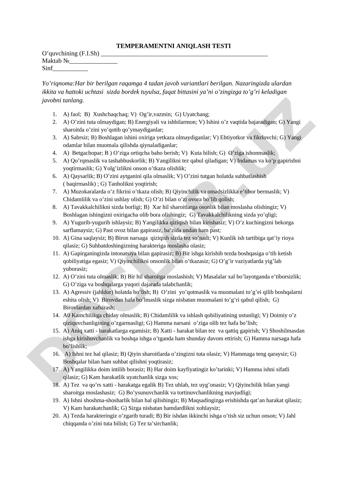 O'quvchilarning temperament turini aniqlash uchun 4 variantli test