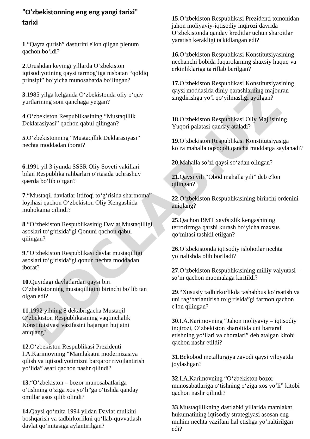 O‘zbekistonning yangi tarixi bo‘yicha savollar