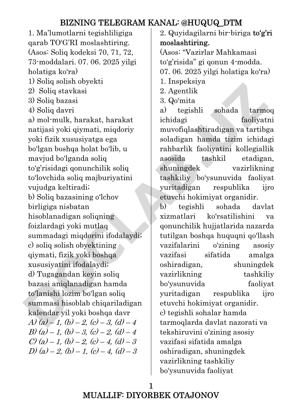 Soliq solish elementlari va Vazirlar Mahkamasi organlari