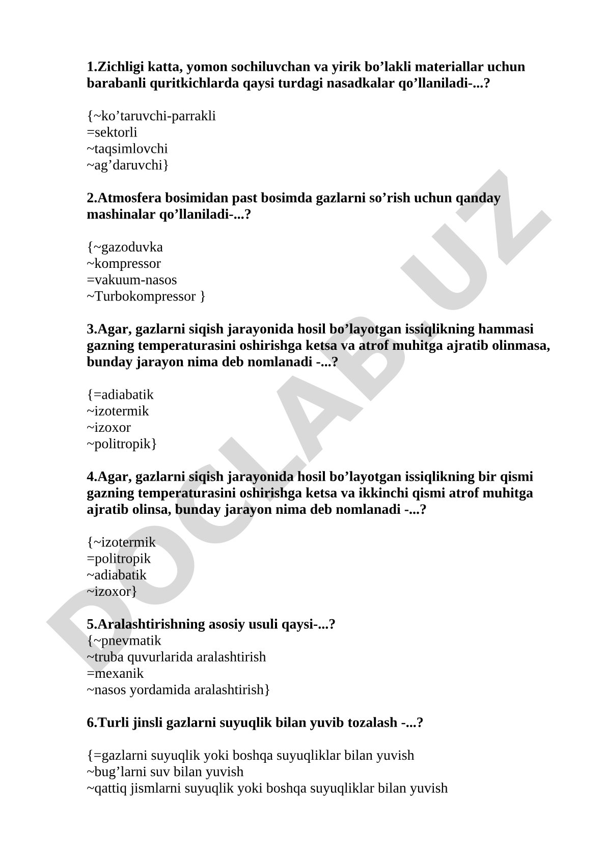 Kimyoviy texnologiya test savollari
