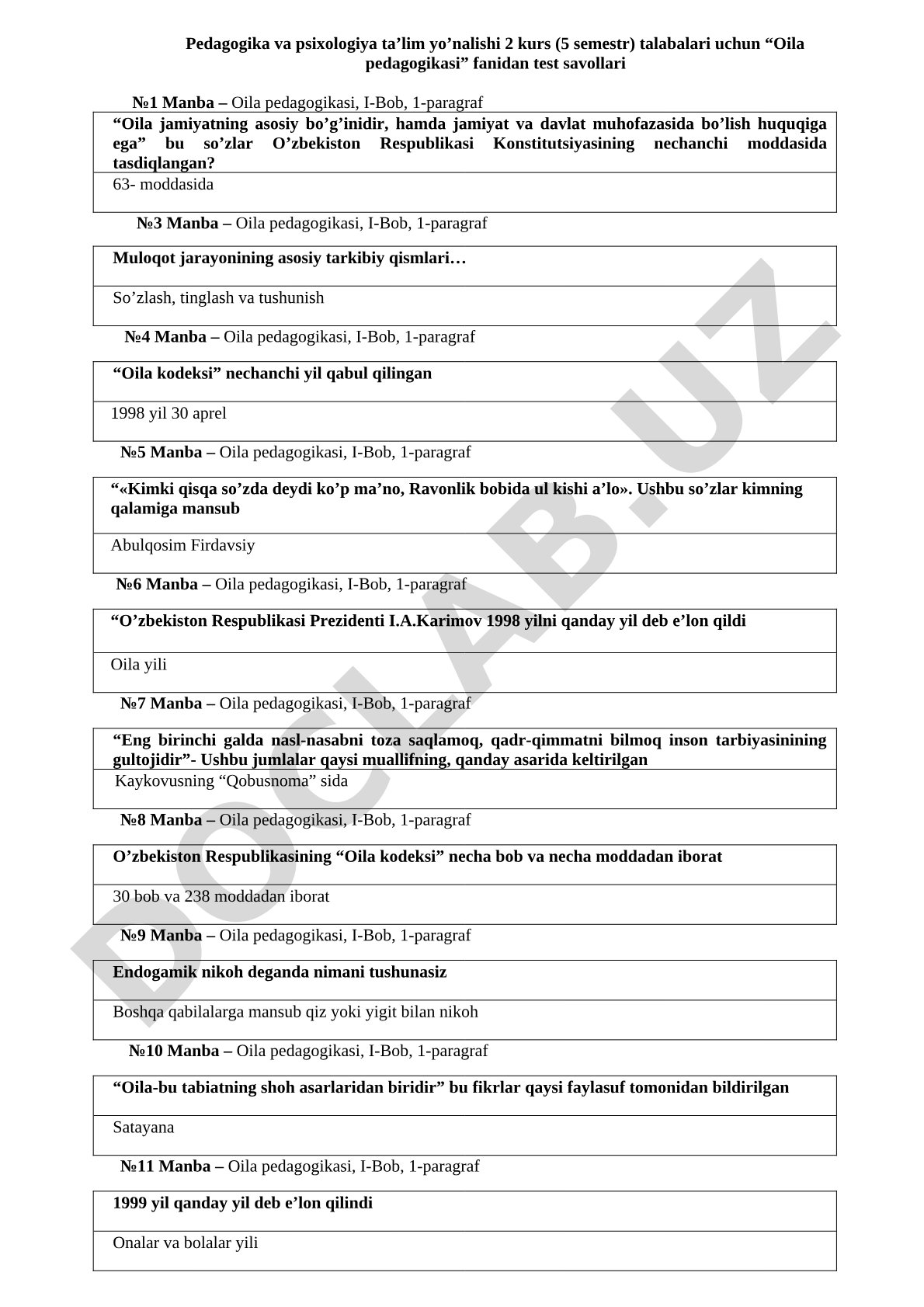Oila pedagogikasi fanidan test savollari