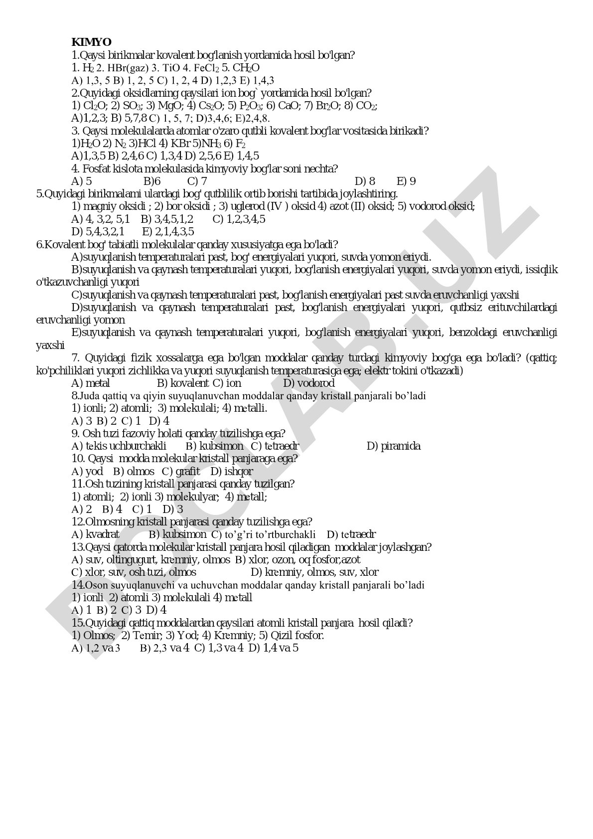 Kimyoviy bog'lanish turlari bo'yicha test savollari