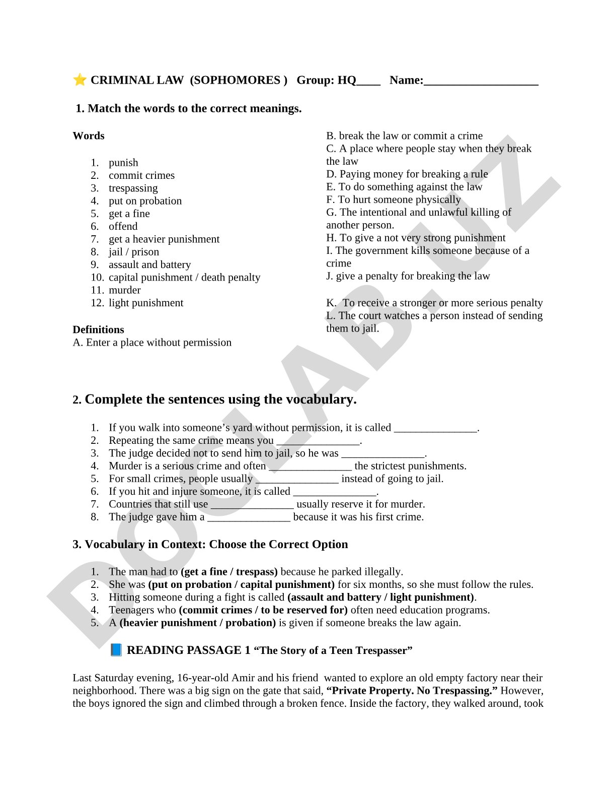 Criminal Law Vocabulary and Exercises