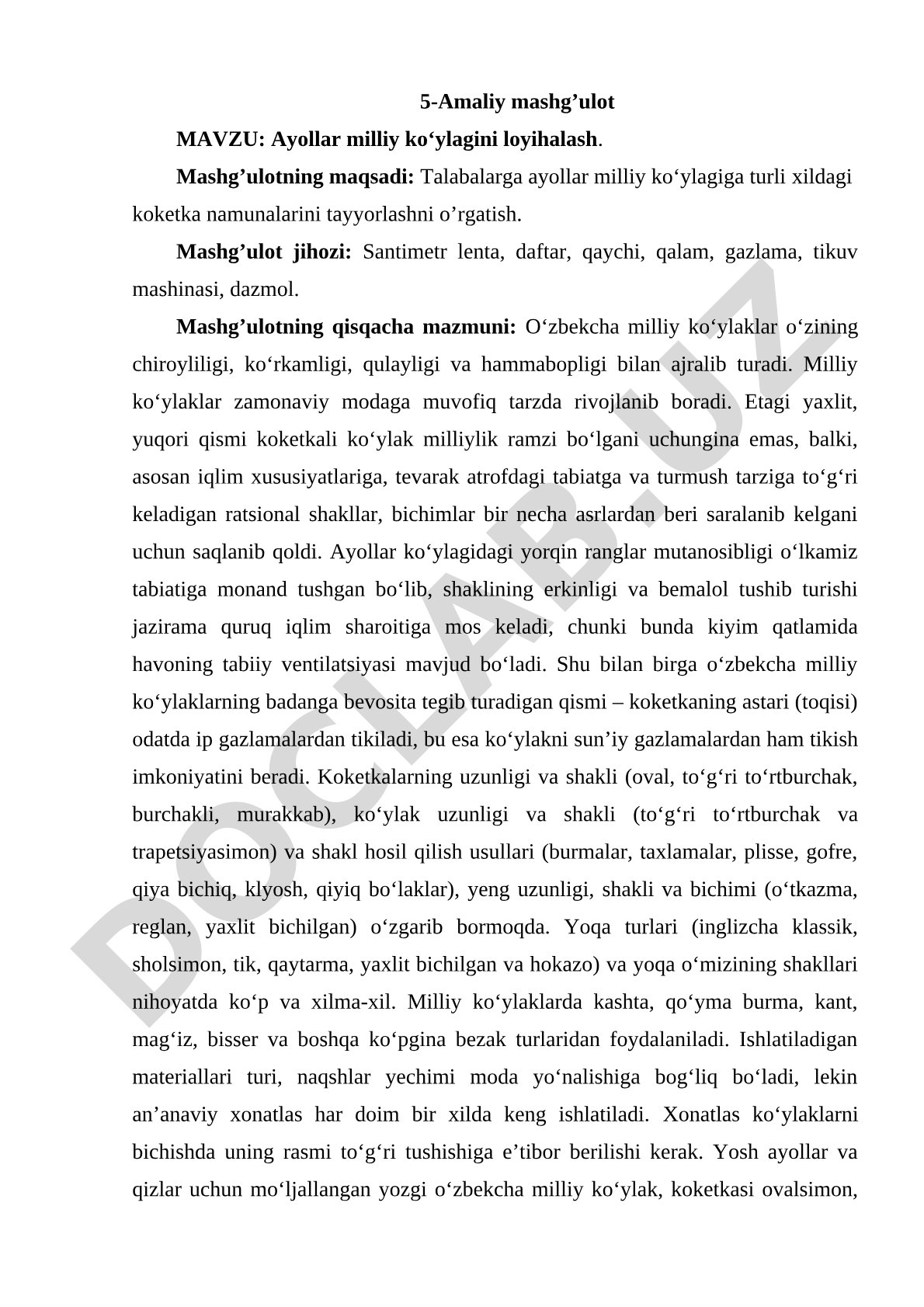 Ayollar milliy ko‘ylagini loyihalash