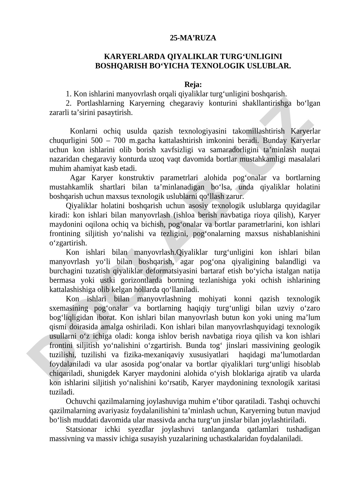 Karyerlarda qiyaliklar turg‘unligini boshqarish bo‘yicha texnologik uslublar