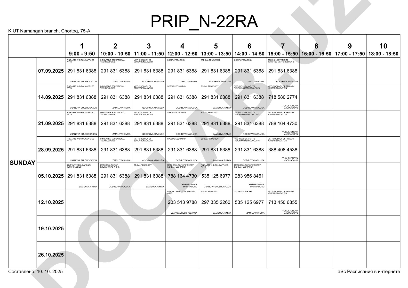 Sunday class schedule with teacher assignments