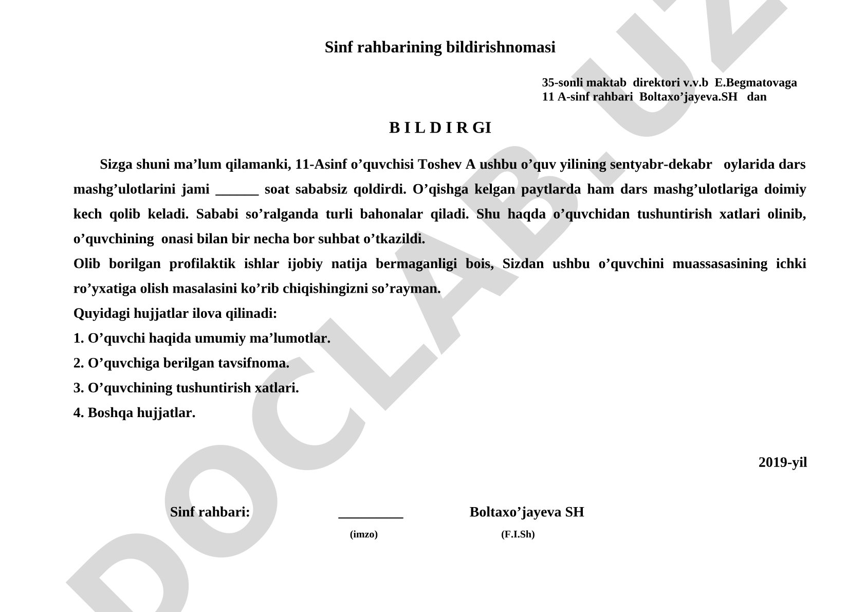 O'quvchi darslarni sababsiz qoldirgani haqida sinf rahbari bildirishnomasi va psixolog