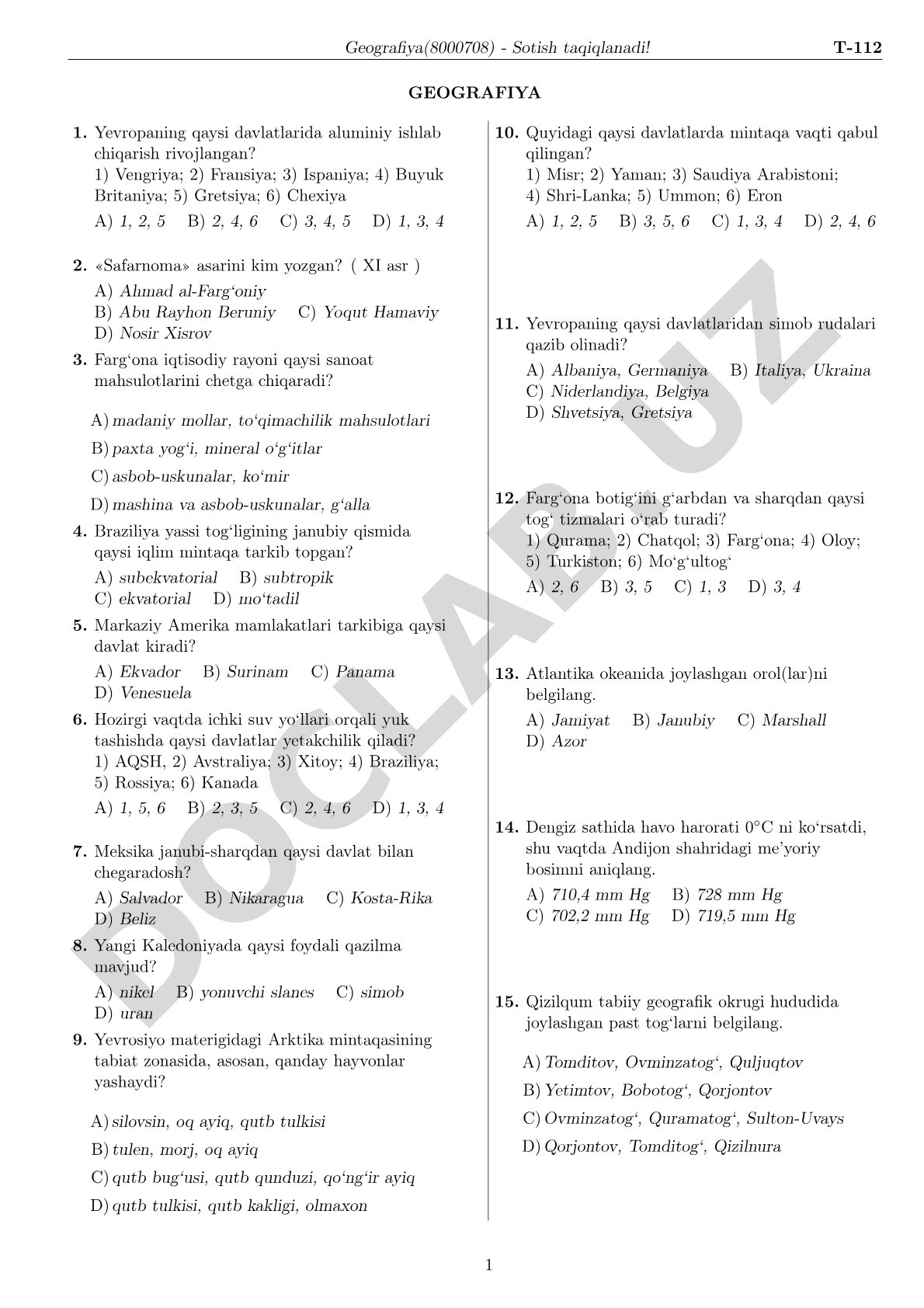 Geografiya test savollari