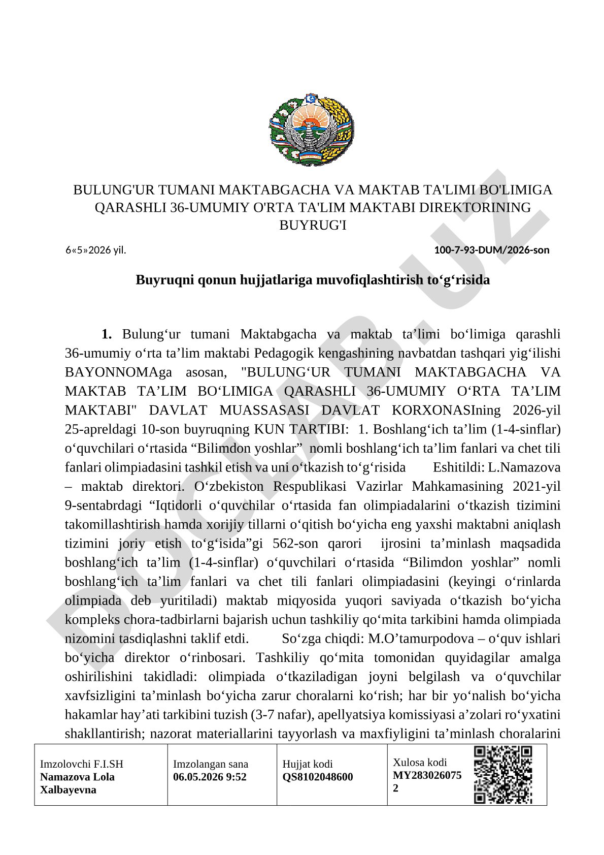 Boshlang‘ich ta’lim o‘quvchilari uchun “Bilimdon yoshlar” fan olimpiadasini tashkil etish