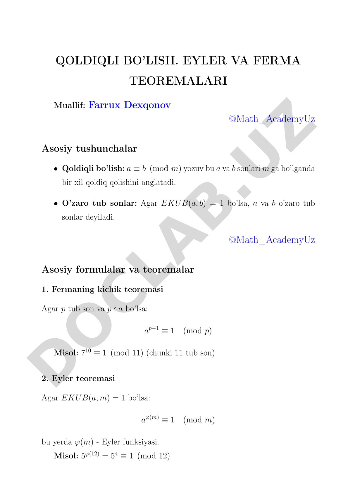 Qoldiqli bo’lish. Eyler va Ferma teoremalari