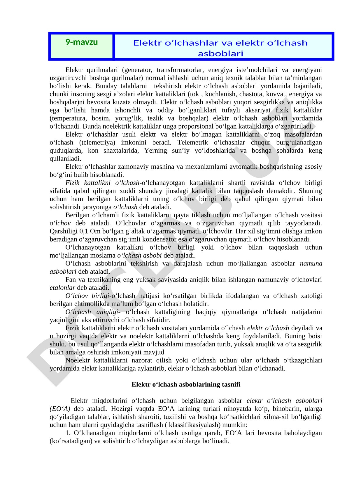 Hujjatda elektr o'lchash asboblari va telemetriya usullari yoritilgan