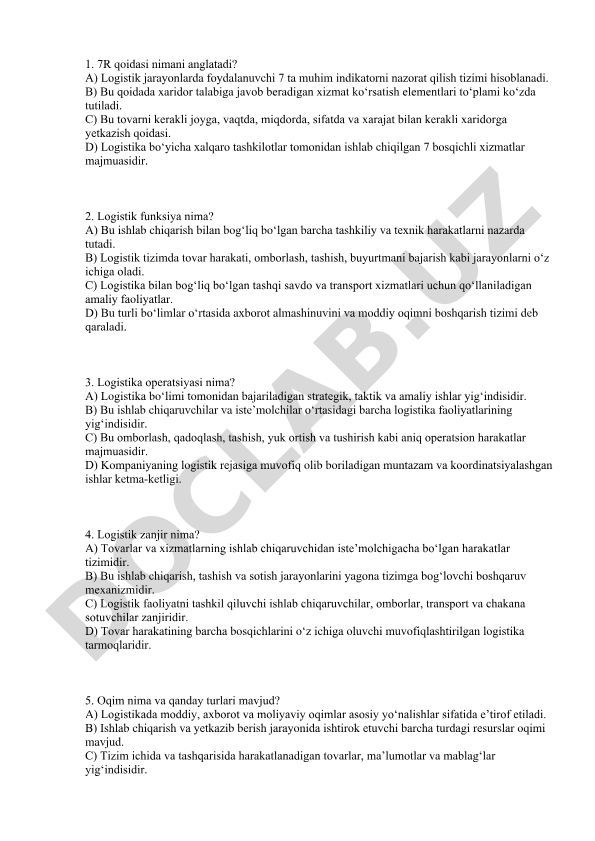 Logistika bo'yicha test savollari