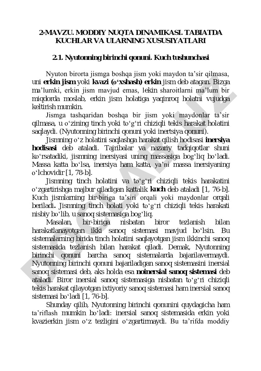 Moddiy nuqta dinamikasi. Tabiatda kuchlar va ularning xususiyatlari