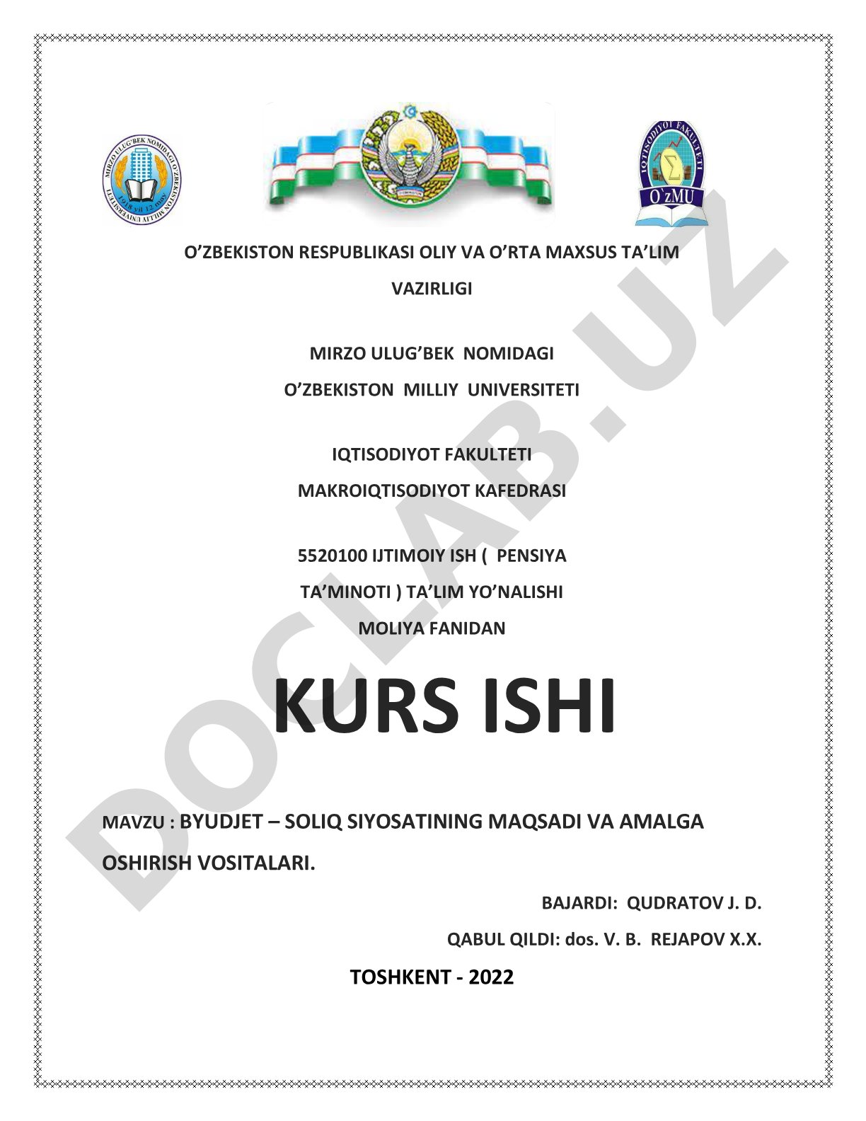 BYUDJET – SOLIQ SIYOSATINING MAQSADI VA AMALGA OSHIRISH VOSITALARI