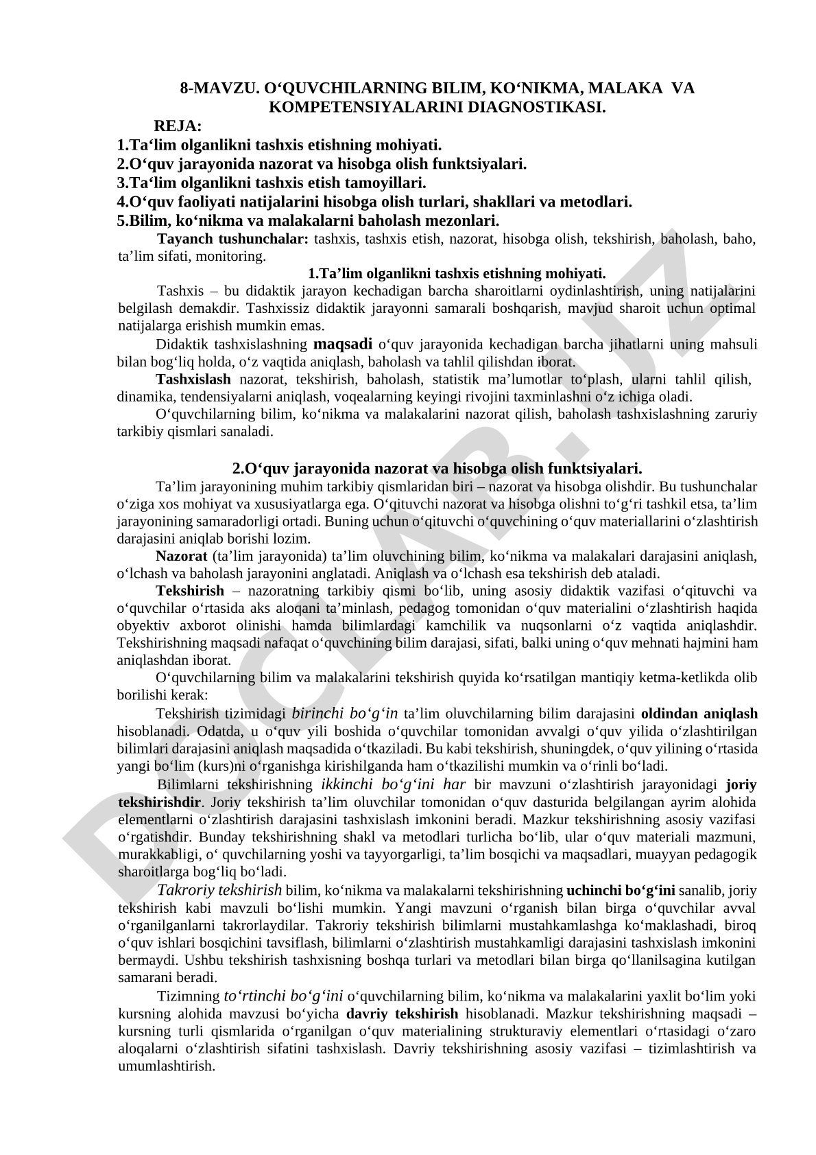 O‘quvchilarning bilim, ko‘nikma, malaka va kompetensiyalarini diagnostikasi