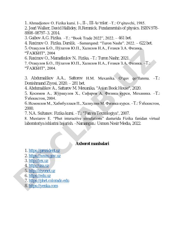 Fizika fanidan adabiyotlar ro'yxati