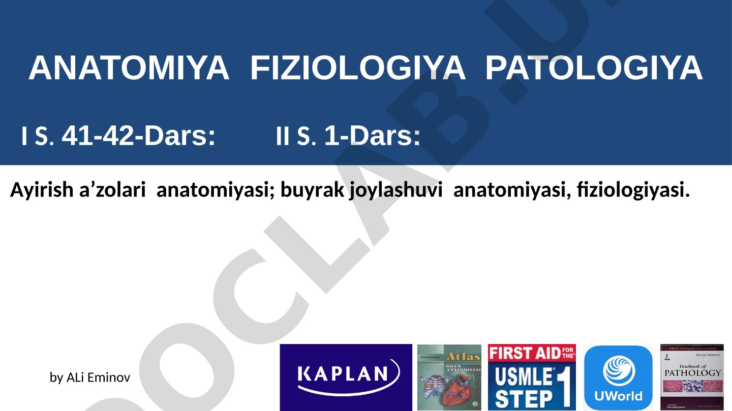Ayirish a'zolari anatomiyasi; buyrak joylashuvi anatomiyasi, fiziologiyasi