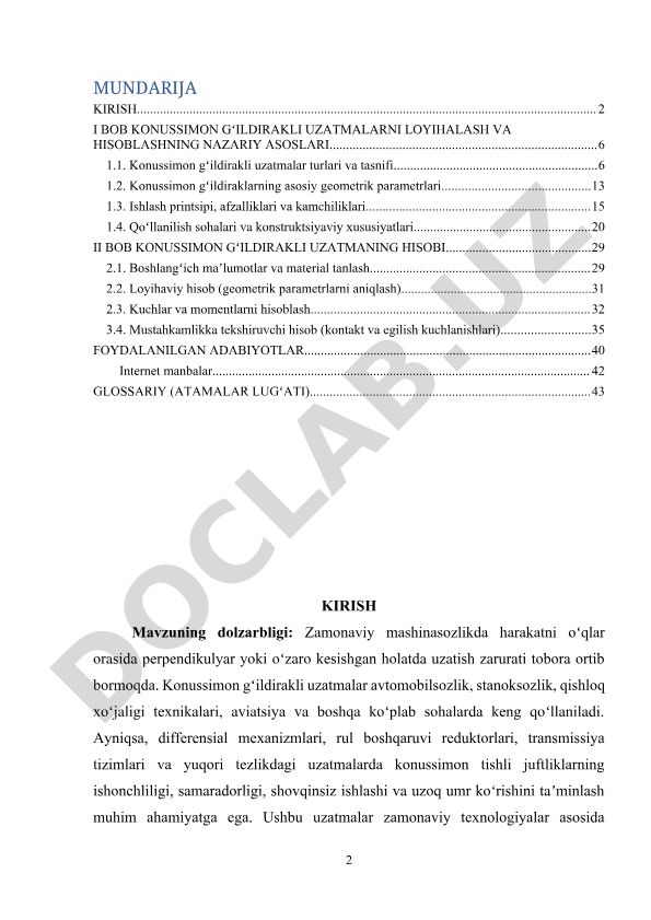 Konussimon gʻildirakli uzatmalarni loyihalash va hisoblash