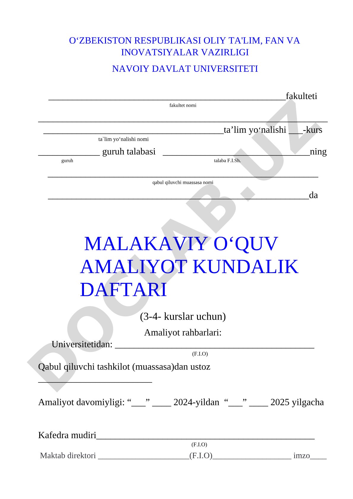 Malakaviy o'quv amaliyot kundalik daftari