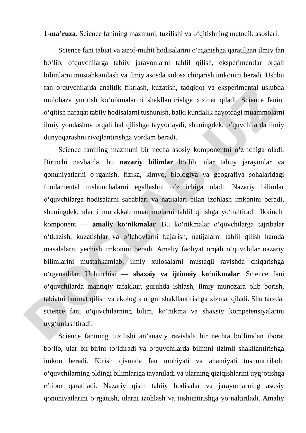 Science fanining mazmuni, tuzilishi va o'qitishning metodik asoslari