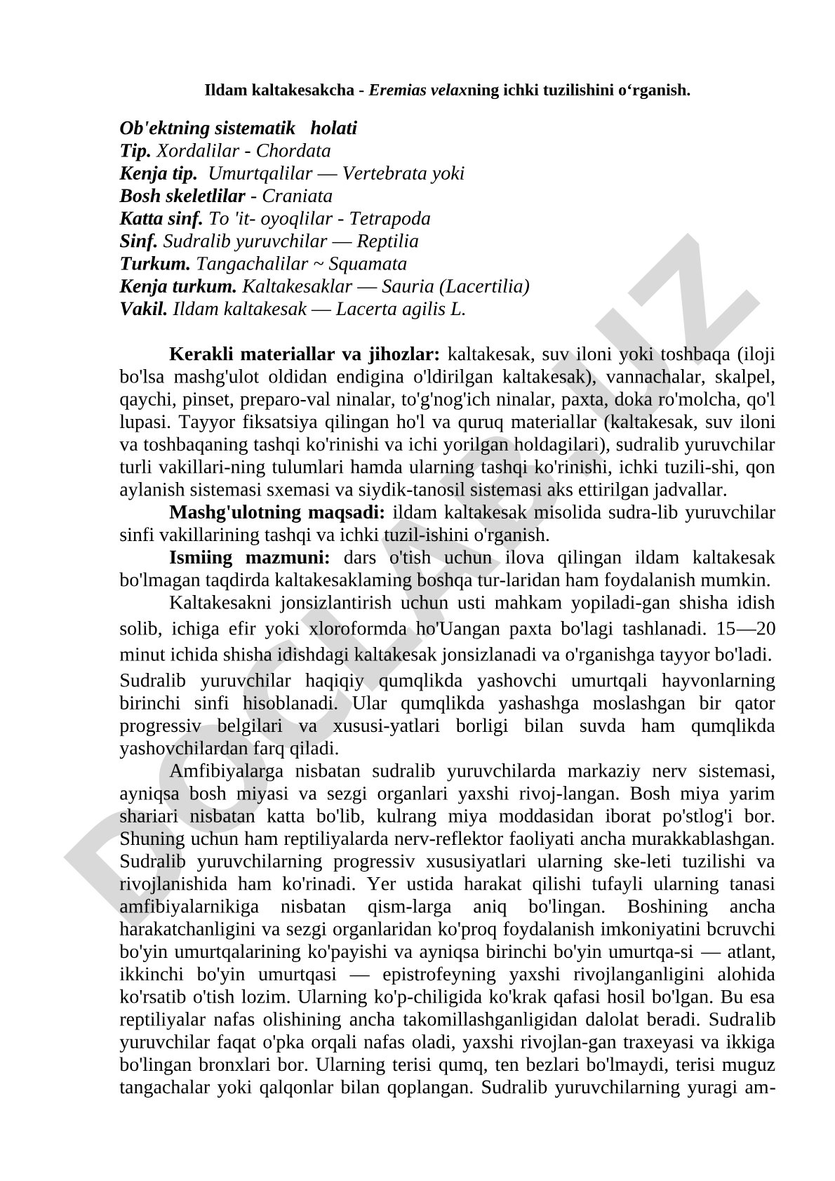 Ildam kaltakesak ichki tuzilishini o‘rganish