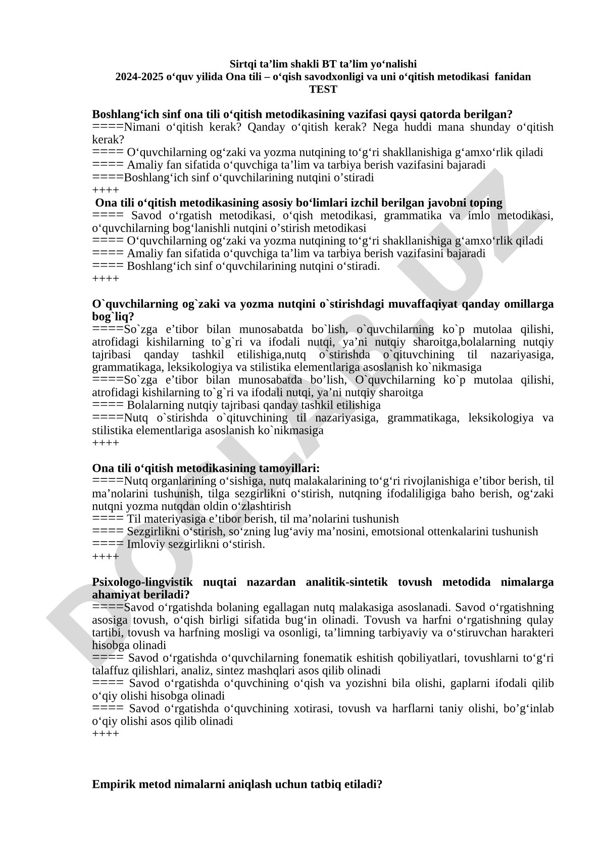 Ona tili – o‘qish savodxonligi va uni o‘qitish metodikasi testi