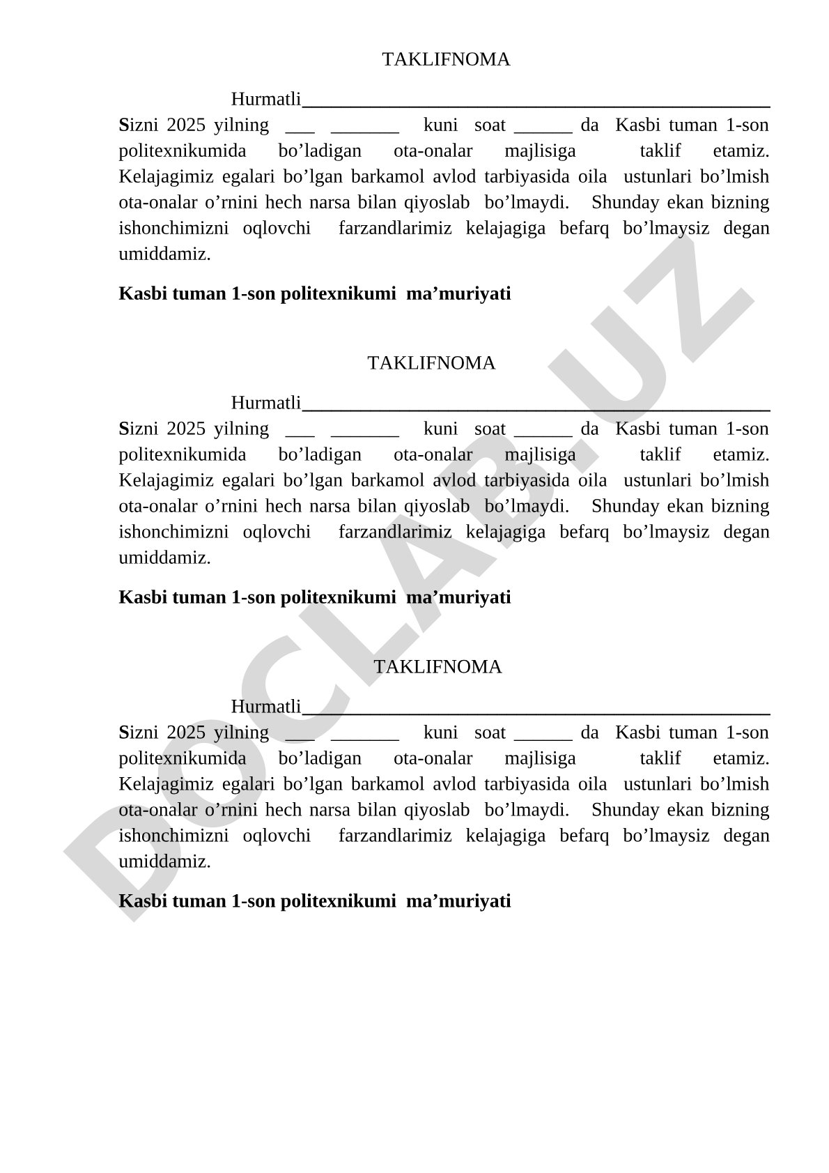 Ota-onalar majlisiga taklifnoma