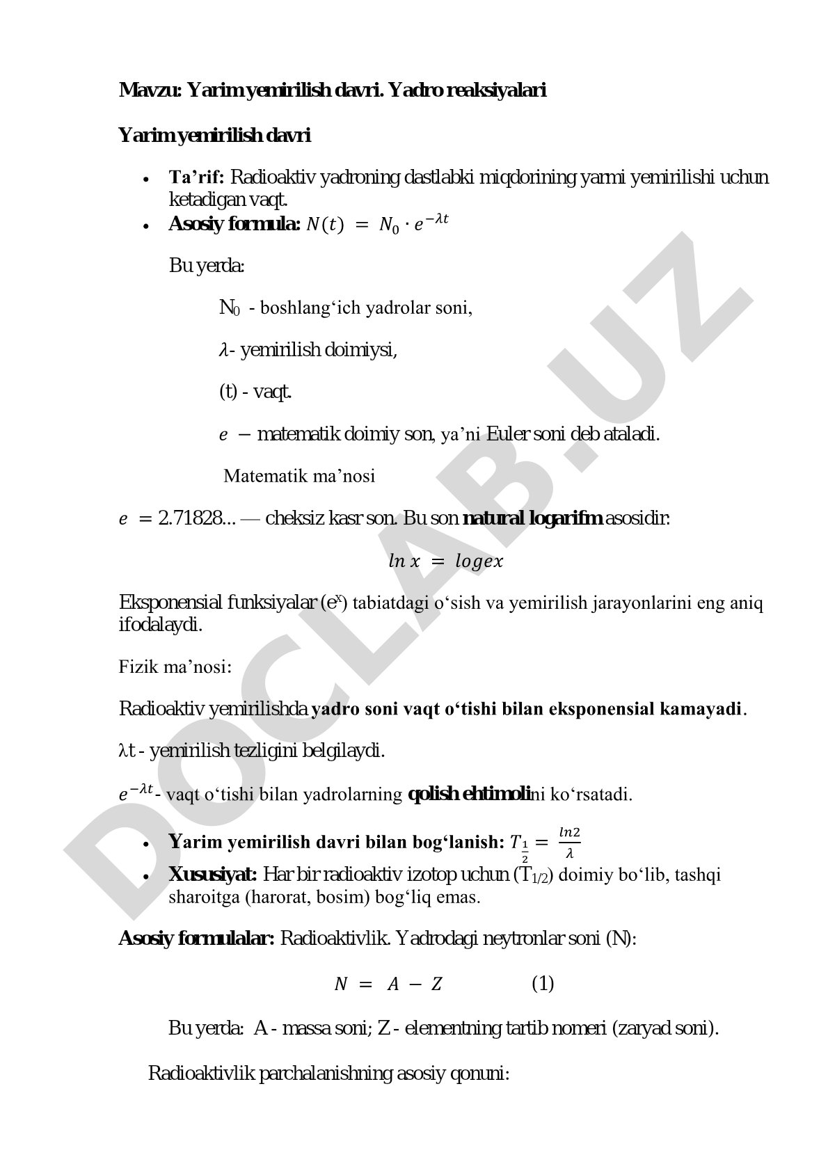 Yarim yemirilish davri. Yadro reaksiyalari