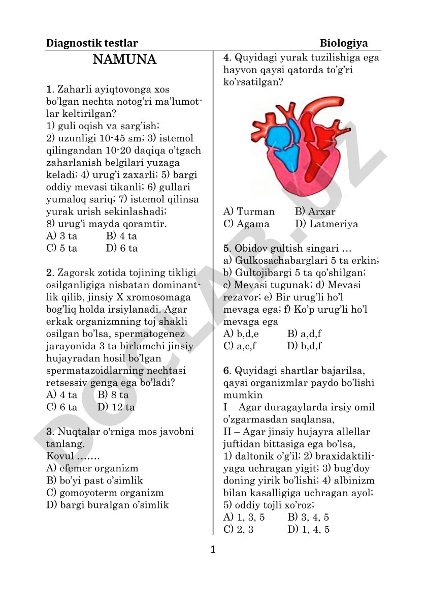Diagnostik testlar Biologiya 1 namunasi